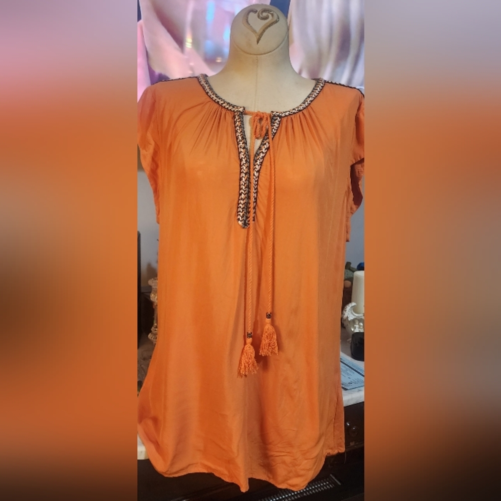 Anthropologie Daniel Rainn Orange Boho Blouse Embroidered Tassel Top Size L